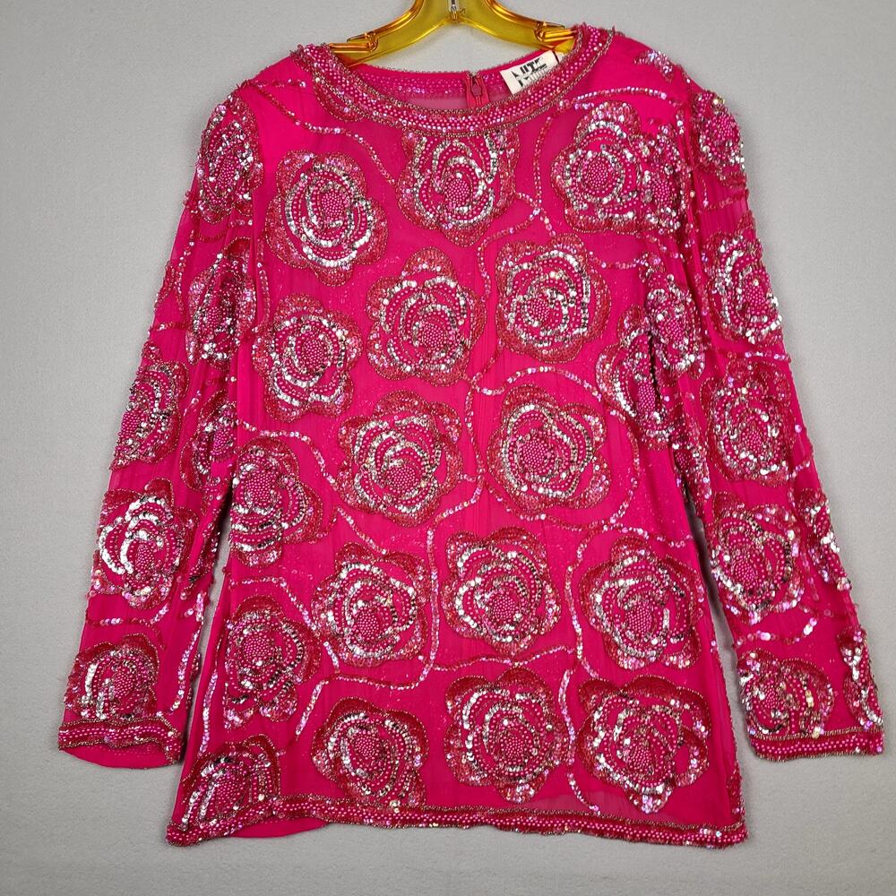 Vintage Niteline Beaded & Sequins Sheer Silk Cocktail Evening Blouse 16 Hot Pink